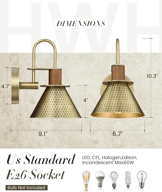 Barn Sconce Wall Lighting, HWH Gooseneck Wall Sconces Indoor Wall Lights, 1-Light Vanity Wall Lamp for Bathroom Bedroom Bedside Kitchen, Hammered Metal Shade, Antique Brass Finish, 5HZG74B BG-Ruum Studio Home