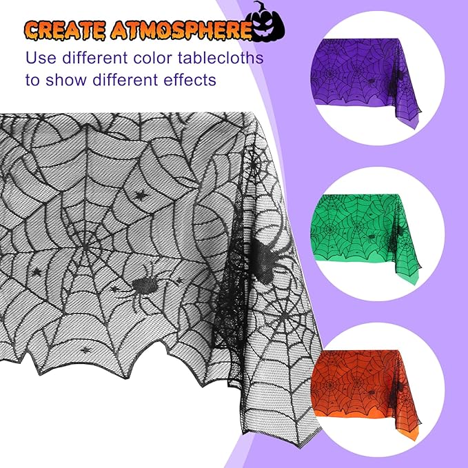 2Pcs Halloween Tablecloths, Black Lace & Purple Lined Rectangular Table Cloth, Spider Web Table Cover for Scary Halloween Decorations Indoor, 54 x 72 Inch-Ruum Studio Home