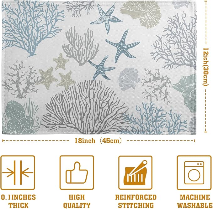 Summer Linen Placemats Set of 4 Nautical Coastal Theme Washable Non-Slip Heat Resistant Table Place Mat 12×18 Inch Ocean Beach Blue Grey Coral Starfish Place Mats for Kitchen Dining Table-Ruum Studio Home