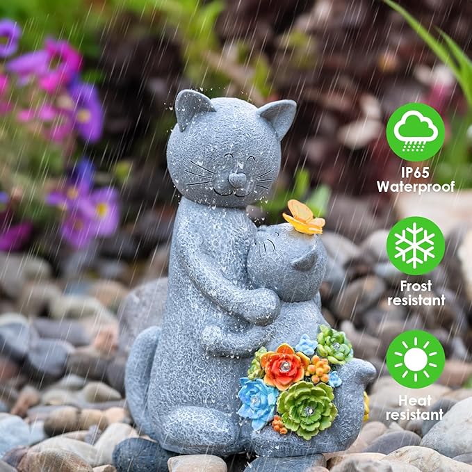 Solar Garden Statues Loving Cat Figurine Lights for Outside, Yard Decorations Outdoor, Garden Decor Unique Mothers Day Birthday Housewarming Gifts for Mom, Women-Ruum Studio Home