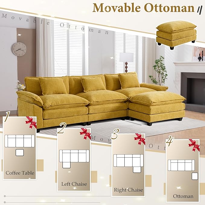 URRED Modular Sectional Sofa Comfy Cloud Couch, Modern Chenille Sofa Sleeper Deep Seat Couches with Ottoman/Pillows for Living Room (Yellow, 117''- L Shape)-Ruum Studio Home