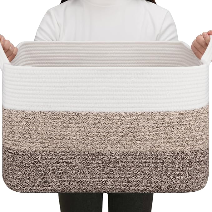 OIAHOMY Rectangle Woven Storage Basket - Nursery Cotton Rope Baskets for Storage, Toy Basket Organizing for Living Room, 17.7"x13.8"x11"- Pack of 3 - Gradient Yellow-Ruum Studio Home