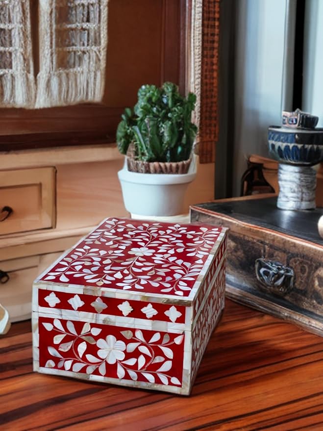 Decorative Wooden Storage Box with Mother of Pearl Inlay – Elegant Floral Design – Perfect for Home Décor in Living Room, Dining Area, or Bedroom (Red, 12x8x5 inches)-Ruum Studio Home