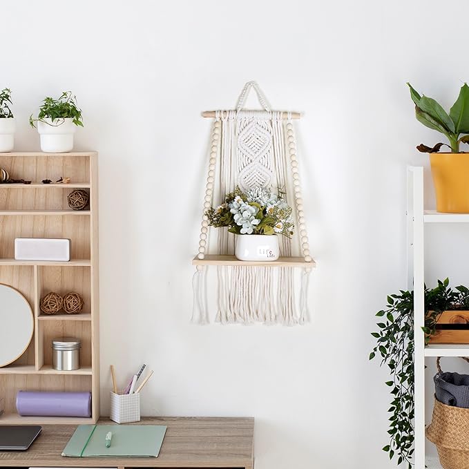 Wooden Macrame Wall Hanging w/Shelf & Sturdy Beaded Rope - Handmade Modern Living Room Decor - Macrame Wall Decor to Securely Hold Plants & More - Beautiful Boho Decorations for Interior Design-Ruum Studio Home