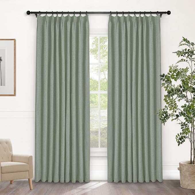 Macochico 100% Blackout Fog Green Linen Curtains 84 Inches Long Pinch Pleated Burlap Curtains for Bedroom Living Room Farmhouse Nursery Thermal Window Panels with Tieback 72”Wx84”L 1 Panel-Ruum Studio Home