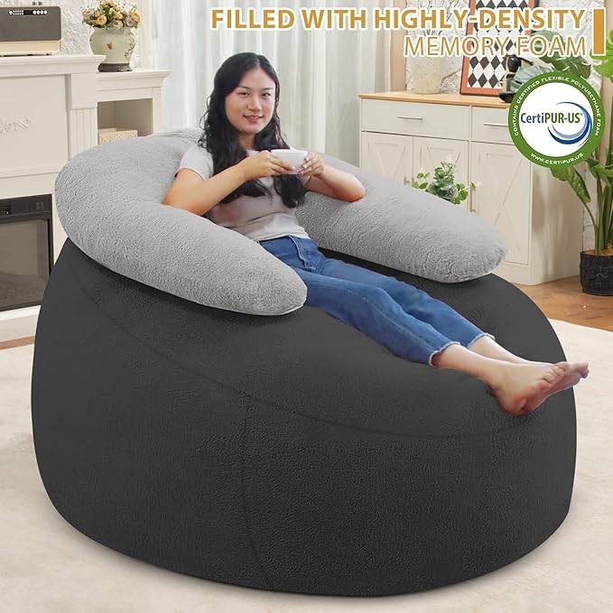HABUTWAY Bean Bag Chair with U-shaped Pillow for Adult and Kids Big BeanBag Chair with Filling Ultra Soft Faux Fur Couch Chair with Washable Cover for Living Room Bedroom Office, Dark Grey& Light Grey-Ruum Studio Home