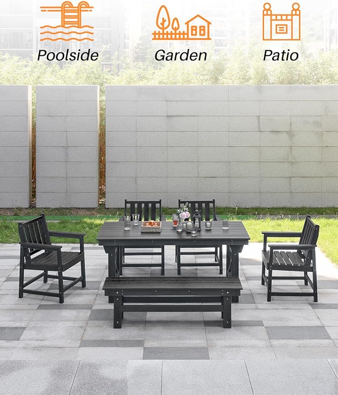 HDPE Outdoor Bench, 55" Patio Bench Outdoor Furniture, Poly Lumber Adirondack Benches, Fade-Resistant HDPE Garden Backless Benches for Park, Poolside, Garden, Porch, Obsidian-Ruum Studio Home