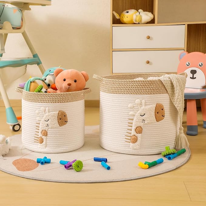 Large Blanket Baskets for Living Room Decor, Toy Storage Baskets Woven Cotton Rope Storage Basket for Kids, Dog Toys Organizer Clothes Hamper with Embroidery Decor for NurseryLaundry (Large, Giraffe)-Ruum Studio Home