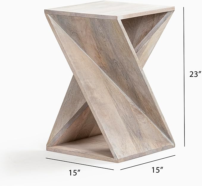 Modern Hand Made One-of-a-Kind Carved Mango Wood End Table, Farmhouse Side Table,Farmhouse End Table,Living Room,Bedroom, Accent Table, Contemporary Architectural Designed Whitewash,Assembled-Ruum Studio Home