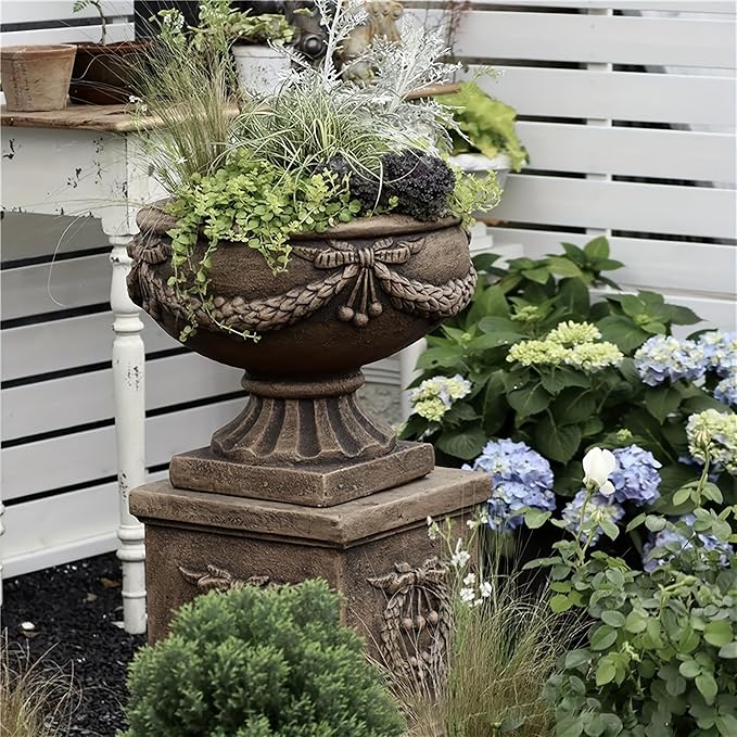 Vintage Garden Urn Planter with Pedestal, Cement and Fiber, Maked Bronze Color, Decorative Leaf Pattern, 30 Inch Height, Wrap Foam Safely Delivered from Local Warehouse (Bronze)-Ruum Studio Home
