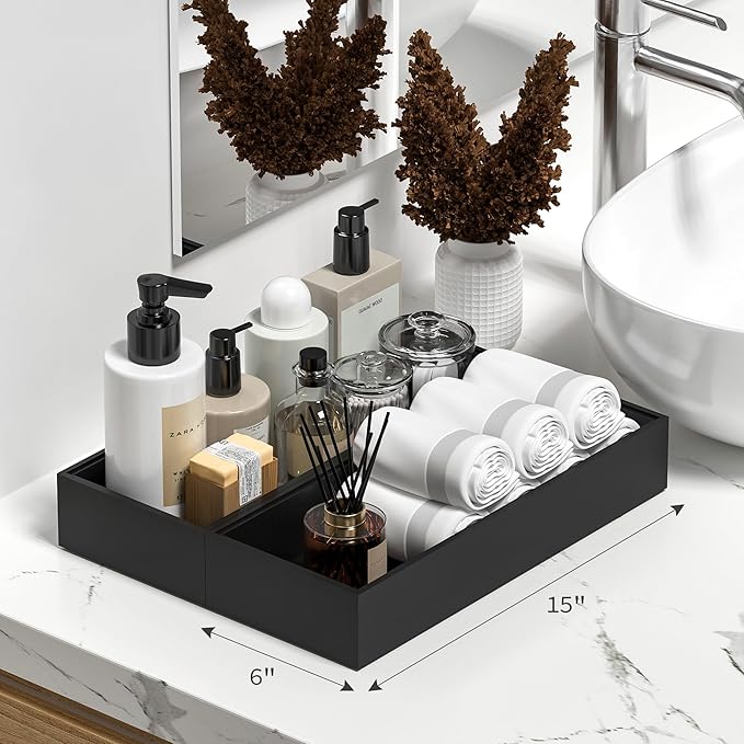 Kitchen Drawer Organizer Bins, Stackable Bamboo Drawer Organizer for Silverware, 2 Pcs Toilet Paper Basket Holder, Wood Bathroom Tray Countertop, Toilet Tank Tray Black 15" x 6" x 2.5"-Ruum Studio Home