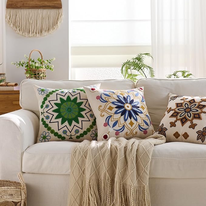 Embroidered Throw Pillow Cover 18x18 Classic Boho Floral Pattern Pillows Cover Outdoor Decorative Pillowcase,Durable Cozy Textured Cushion Case for Sofa Couch Bed Living Room,Green-Ruum Studio Home