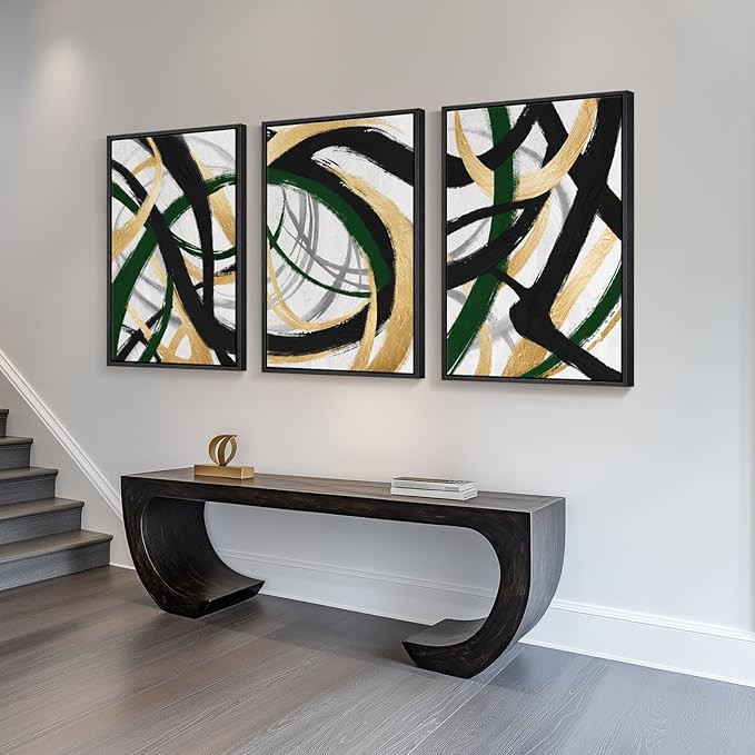 Large Framed Abstract Wall Art for Living Room, Set of 3 Modern Canvas Prints Painting Artwork for Walls, Black Green and Gold Brush Stroke Pictures for Hallway Dining Room Office Wall Decor 24x36 In-Ruum Studio Home