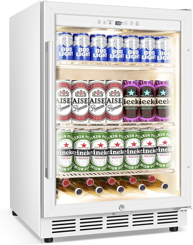 Beverage Refrigerator 24 Inch Drink Fridge, Beer Fridge, 150 Cans Beverage Cooler, Under Counter Refrigerator, Drink Cooler Undercounter Outdoor Refrigerators, Single Glass Door Bar Fridge-Ruum Studio Home