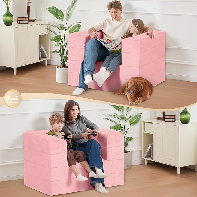 Folding Bean Bag Chair for Adults,3-in-1 Bean Bag Couch Faux Fur Floor Sofa Large Beanbag Convertible Bean Bag Sofa Bed with Pillow in Bedroom,Living Room,Apartment(Twin,Pink)-Ruum Studio Home