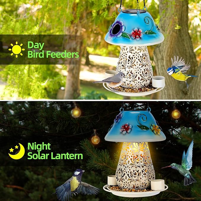 Mushroom Solar Bird Feeders for Outdoors Hanging Metal Wild Bird Feeder Garden Lantern with S Hook for Garden Decoration Blue-Ruum Studio Home