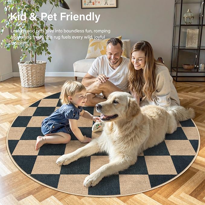 Lahome Checkered Easy Jute Rugs for Entryway, 3 ft Round Rug Small Indoor Outdoor Circle Carpet, Farmhouse Neutral Non Slip Non Shedding Black Carpet for Kitchen Front Porch Foyer-Ruum Studio Home