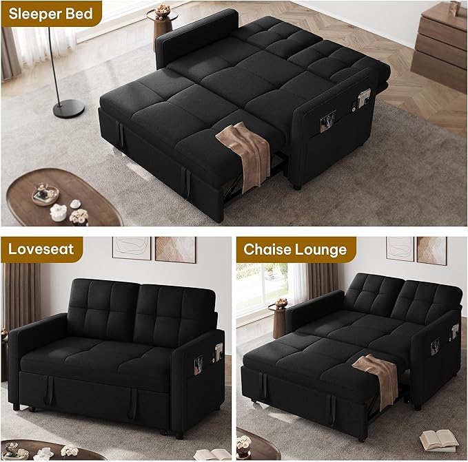 YITAHOME 55" Convertible Sofa Bed, 3-in-1 Sleeper Sofa with Iron Frame Pull-Out Bed, Linen Futon Couch with Reclining Backrest and Side Pocket, Modern Loveseat for Living Room Bedroom Apartment, Black-Ruum Studio Home