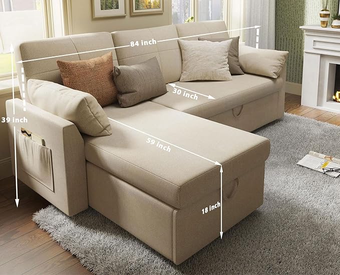 VanAcc Sleeper Sofa, Sofa Bed- 2 in 1 Pull Out Couch Bed with Storage Chaise for Living Room, Comfy Sleeper Couch, Beige Chenille-Ruum Studio Home