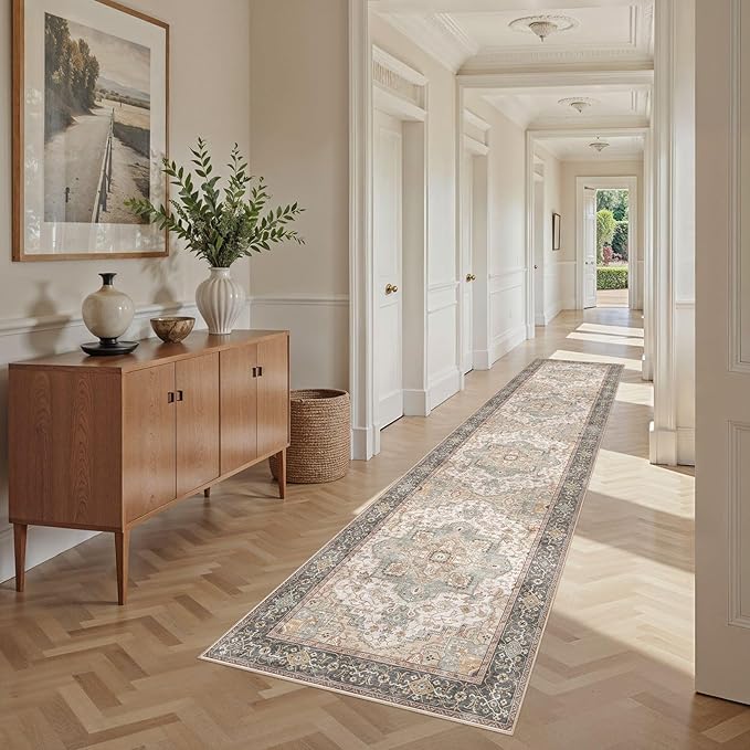 Washable 2.6x12 Runner Rug - Area Rugs Neutral Vintage Distressed Floral Farmhouse Boho Large Soft Floor Rug Indoor Carpet for Hallway Entryway Kitchen Home - Forest Green Orange-Ruum Studio Home