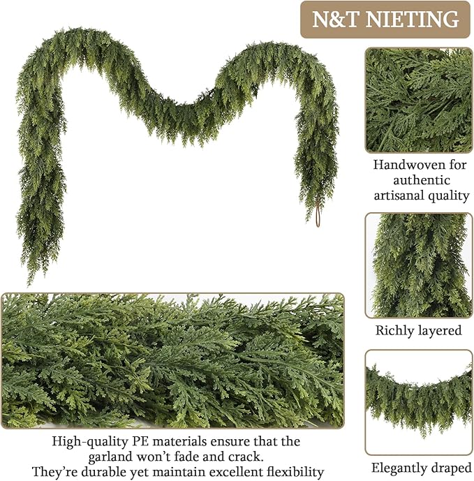 9ft Christmas Cedar Garland with Soft Thickness Pine, Artificial Green Faux Cedar Pine Garland for Mantle Fireplace Indoor Outdoor Holiday Party Home Decoration（2 Pcs）-Ruum Studio Home