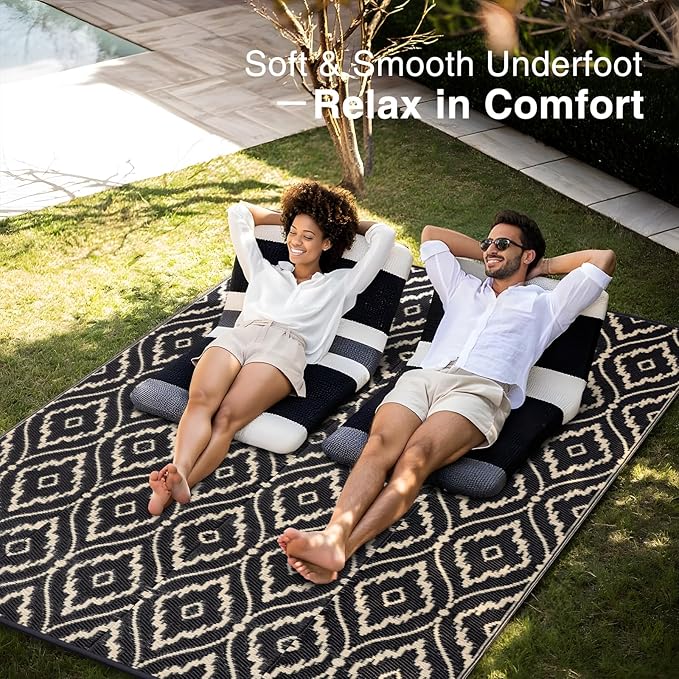 OLANLY Outdoor Rug 8x10 ft Waterproof, Outdoor Plastic Straw Rug with Geometric Pattern Clearance, Reversible RV Mat for Patio, Camping, Balcony, Deck, Backyard, Black & Beige-Ruum Studio Home