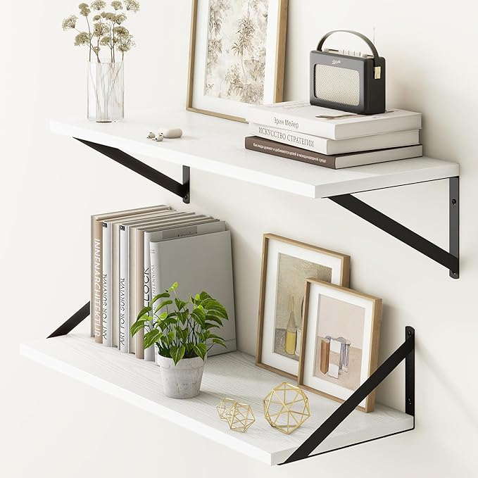 Fun Memories 27.5" W x10 D Floating Shelves, White Wall Shelf with Brackets, 10 Inch Deep Floating Shelf Set of 2, Large Storage Kitchen Living Room Bathroom Shelves, Wood Wall Mounted Shelf-Ruum Studio Home