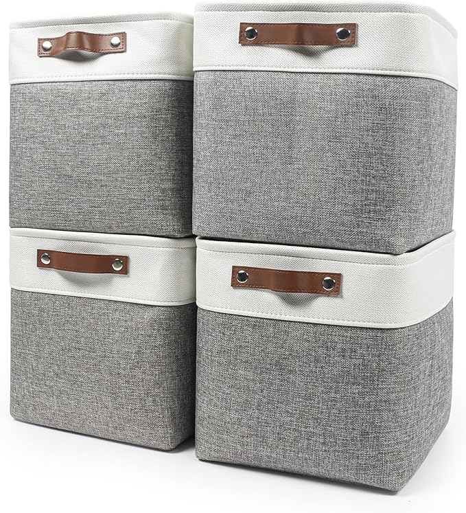 13x13 Cube Storage Bins, Collapsible Fabric Storage Box, 4 Pack Closet Baskets with Handles for Organizing, Shelf, Toys, Clothes, Home, Office, Nursery (Grey&White)-Ruum Studio Home