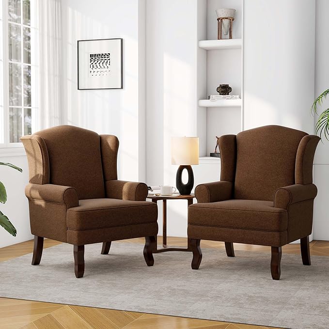 Accent Chair, High Back Upholstered Armchair with High Resilience Sponge & Wood Legs, Mid-Century Modern Comfy Single Sofa Reading Chairs for Living Room, Bedroom (Brown, Set of 2)-Ruum Studio Home
