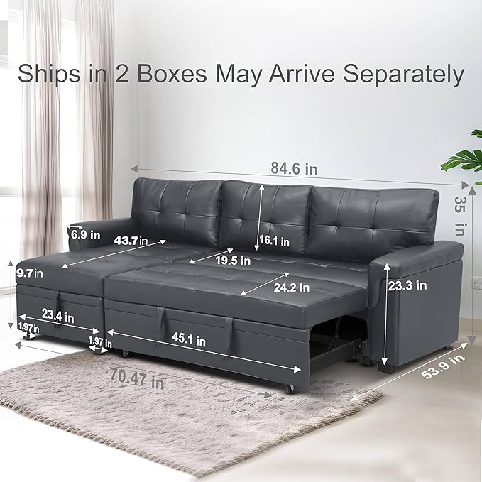 Naomi Home Transform Any Space: Sleeper Sectional Sofa with Convertible Sofa Bed & Inviting Chaise. Find Tranquil Comfort with Stress-Relieving Design & Durable Cushions - Dark Gray/Air Leather-Ruum Studio Home