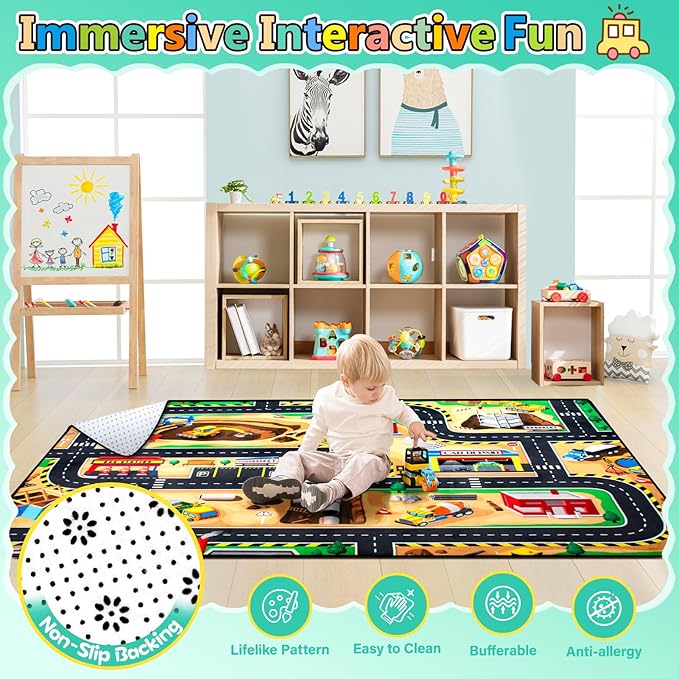 Kids 5x7 Ft Construction Site Play Rug, Baby Play Mat, Tufted Wool & Rubber, Non-Slip, Stain & Fade Resistant, Machine Washable, Rustic Cartoon Construction Site Pattern-Ruum Studio Home