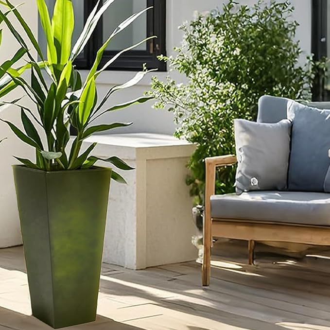 KOL 28''H. Tall Metal Planter with Saucer, Galvanized Steel Glazed Planter Pots with Drainage Hole for Indoor & Outdoor Use, Set of 2, Decorative Flower Plant Pots for Front Porch, Patio, Deck - Green-Ruum Studio Home