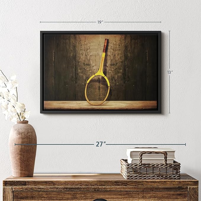 ElephantStock Vintage Tennis Racket Wall Art - Horizontal Framed Canvas - 1-Piece Living Room Wall Decor - Photography Sports Canvas Print - Brown and Black Decor for Wall - 19" X 13"-Ruum Studio Home