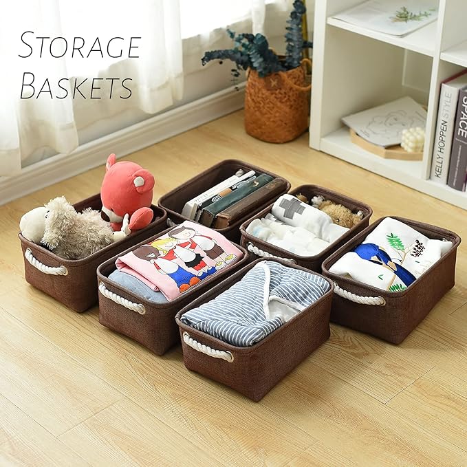 TheWarmHome Storage Basket for Organizing - 12x8x5 inch Small 6 Pack Collapsible Storage Bin for Shelves with Handles, Canves Storage Box for Cloth Closet Organizer Gift Toy (Brown)-Ruum Studio Home