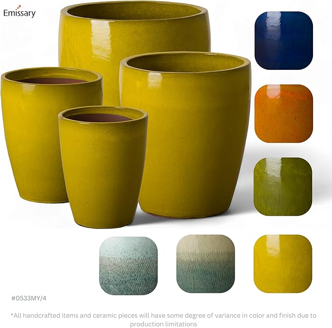 Emissary Bullet 14 in. Mustard Yellow Ceramic Round Planter (14 in. L x 14 in. W x 15.5 in. H) with Drainage Hole-Ruum Studio Home