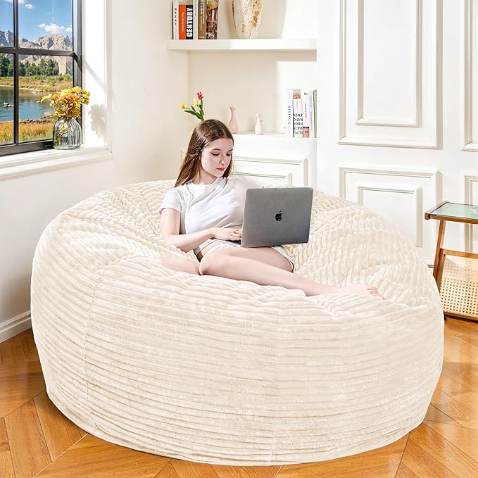 Large Bean Bag Chair, 5FT Giant Beanbag Chairs with Memory Foam Filled, Bean Bag Chairs for Adults, Ultra Soft Lazy Sofa for Living Room Bedroom (White)-Ruum Studio Home