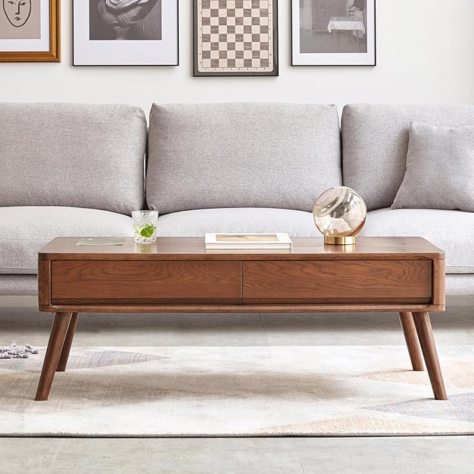 100% Solid Wood Lift Top Coffee Table for Living Room, Mid Century Modern Tables with Drawers and Large Storage, Oak Wood Coffee Tables for Small Spaces (Oak Walnut Color, 47.24"W x 23.62"D x 25.59"H)-Ruum Studio Home