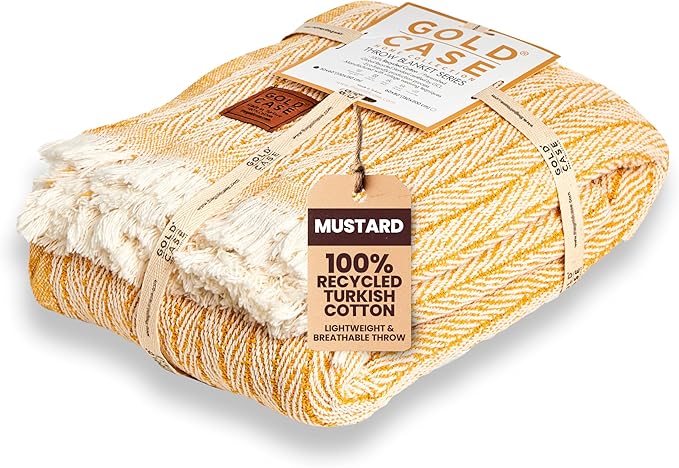 Gold Case Throw Blanket for Couch – 100% Recycled Turkish Cotton Blankets & Throws – Elegant Decorative Throw Blankets for Living Room Sofa – Woven Throws for Couch – Vintage Mustard – 50x60-Ruum Studio Home