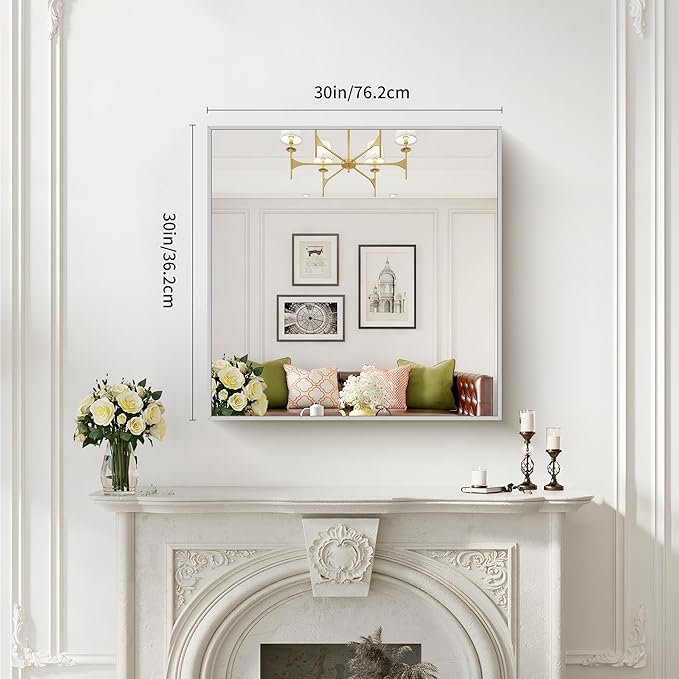 Silver Bathroom Mirror for Wall, 30x30 Inch Rectangle Mirrors with Metal Frame, Modern Vanity Wall Mirror Decor for Bathroom Living Room, Entryway Hangs Horizontal or Vertical-Ruum Studio Home