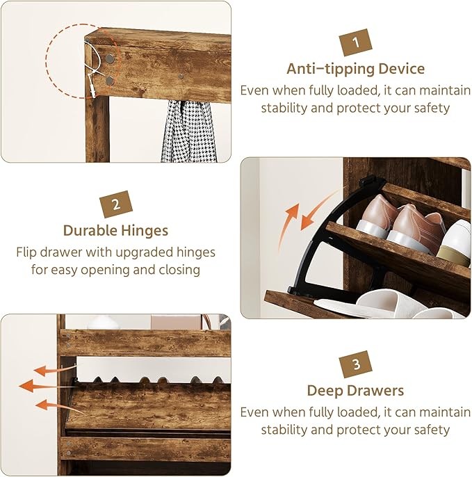 Shoe Cabinet Set 2 with 3 Flip Drawers, Narrow Shoe Cabinet with 9 Hooks Coat Rack, Freestanding Shoes Storage Cabinets with Adjustable Shelves for Entryway, Hallway, Living Room, Rustic Brown-Ruum Studio Home