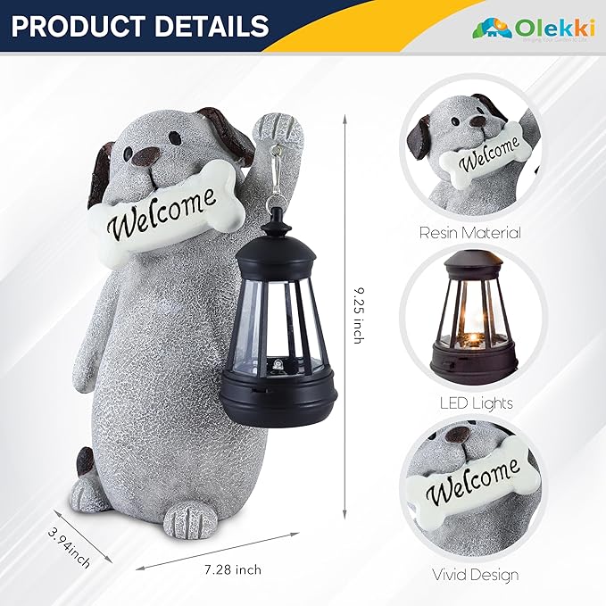 Solar Dog Statues for Garden Decor - Outdoor Dog Figurines with Solar Lantern for Yard Patio Lawn Balcony Ornaments - Garden Gifts for Mothers Day, Grandma, Easter-Ruum Studio Home