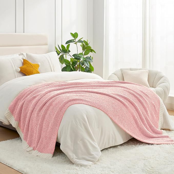 Snuggle Sac Buttery Pink Throw Blanket for Couch, Reversible Super Soft Knitted Blankets, Warm Cozy Knit Fuzzy Plush Lightweight Throws Dupes for Sofa, Bed, Picnic, Pink, 50 x 70 inches-Ruum Studio Home