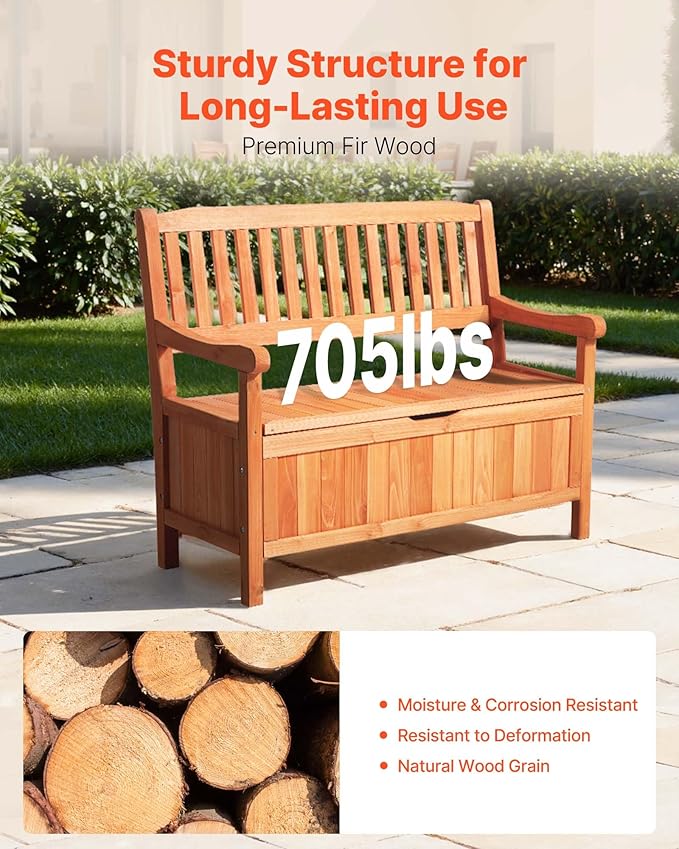 VEVOR Outdoor Storage Bench, 2-Person Wooden Storage Bench, 33 Gallons Deck Box with Side Handle, Supports up to 705 lbs, Weatherproof Outdoor Seating & Porch Decor, for Patio Garden Balcony Yard-Ruum Studio Home