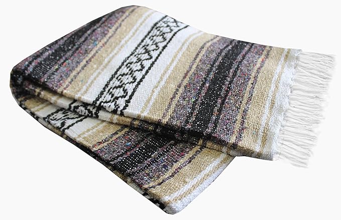 Del Mex Classic Mexican Blanket, Large Authentic Woven Falsa Throw (70"x50"), Artisan Southwest Décor for Beach, Yoga, Outdoors (Tan)-Ruum Studio Home