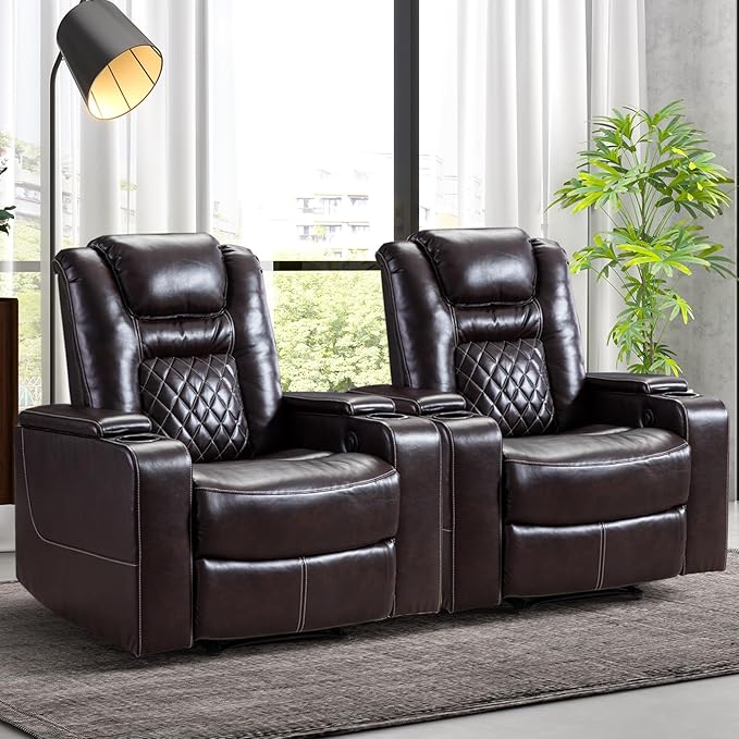 CANMOV Electric Power Recliner Chair Set of 2, Breathable Leather Home Theater Seating with Hidden Arm Storage, Power Recliner Chair for Living Room with USB Ports and Cup Holders,Brown-Ruum Studio Home