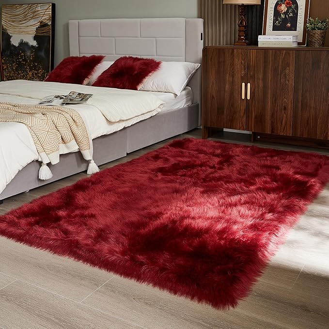 AMTOVO Faux Fur Sheepskin Rug for Living Room, 4 x 6 ft Burgundy Fluffy Area Rug for Bedroom, Playroom, Luxury Room Decor, Rectangle-Ruum Studio Home