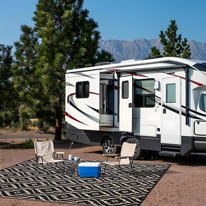 OLANLY Outdoor Rug 6x9 ft Waterproof, Outdoor Plastic Straw Rug with Geometric Pattern Clearance, Reversible RV Mat for Patio, Camping, Balcony, Deck, Backyard, Black & Beige-Ruum Studio Home