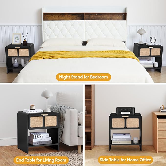 LEVNARY Nightstand Set of 2, Mid-Century Modern Bedside Table with Charging Station and Fabric-Like Textured Drawer, Wooden End Table for Farmhouse Bedroom Living Room (2, Black)-Ruum Studio Home