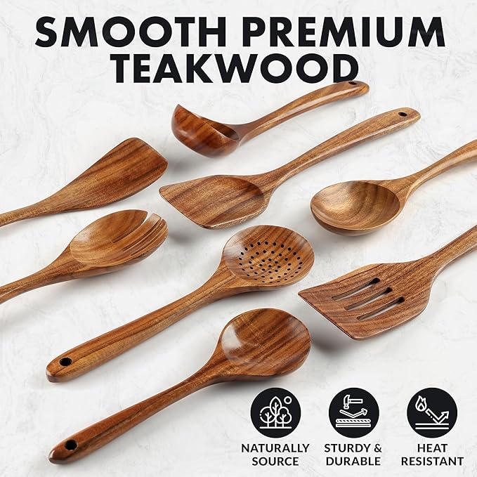 Zulay Kitchen Premium 8-Piece Wooden Spoons - Smooth Finish, Natural Teak Wood, Non-Stick, Handmade-Ruum Studio Home