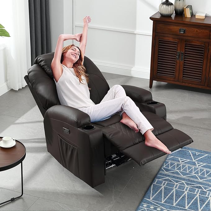 Power Recliner Chair with Heat and Massage, PU Leather Home Theater Seating with LED Lights/Cup Holders/Side Pocket/USB Port, Reclining Sofa Chair for Living Room (1, Brown)-Ruum Studio Home
